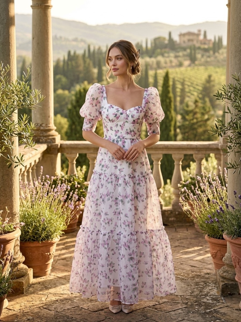 Lavender Pink Floral Fairy Maxi Dress with Puff Sleeves